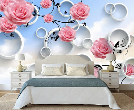 Розовые розы с белыми кругами в интерьере спальни