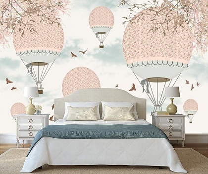 Воздушные шары в небе в интерьере спальни