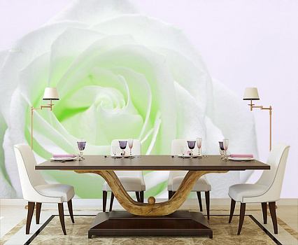 Светящаяся белая роза в интерьере кухни с большим столом