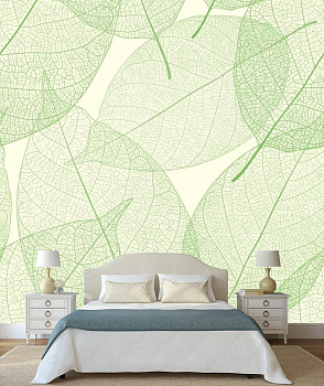 Прозрачные зеленые листья в интерьере спальни