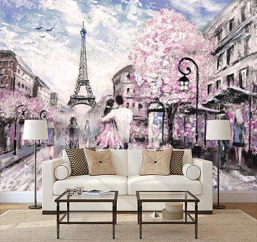 Прогулка по Парижу в интерьере гостиной с диваном