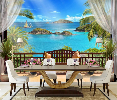 Терасса со морским пейзажем  в интерьере кухни с большим столом