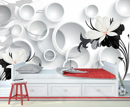 Белые лепестки на фоне 3D кругов в интерьере детской комнаты мальчика