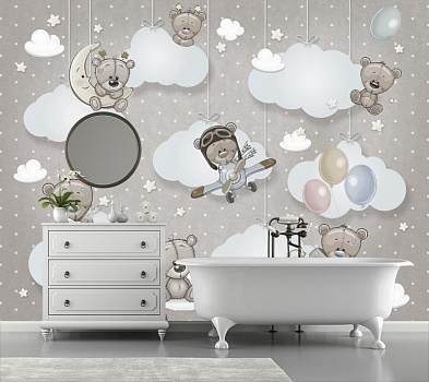 Мишки в облаках в серых тонах в интерьере ванной