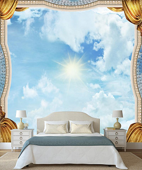 Небо с белыми облаками в интерьере спальни
