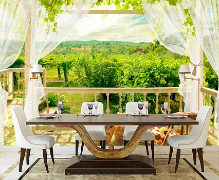Виноградники в интерьере кухни с большим столом