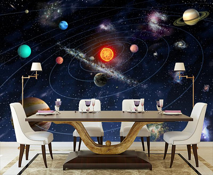 Планеты на орбите в интерьере кухни с большим столом