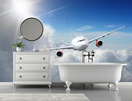 Белый самолет над облаками в интерьере ванной
