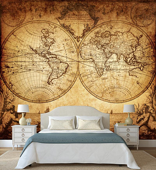 Карта мира на глобусе  в интерьере спальни