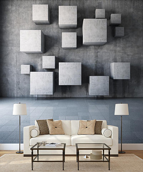 Квадраты на стене в интерьере гостиной с диваном