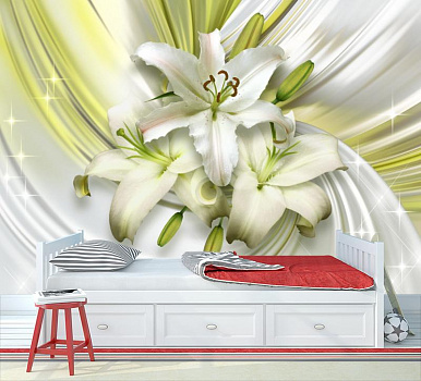 Лилии в белом шелке в интерьере детской комнаты мальчика
