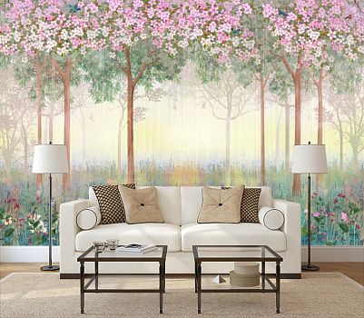 Весенний лес в интерьере гостиной с диваном