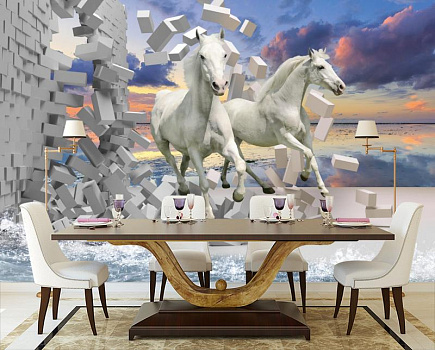 Лошади восход в интерьере кухни с большим столом