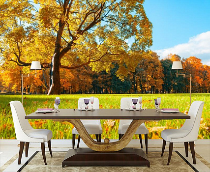 Осенний лес в интерьере кухни с большим столом