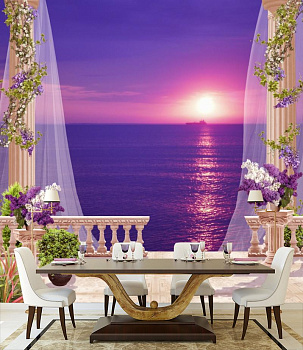 Фиолетовый закат в интерьере кухни с большим столом