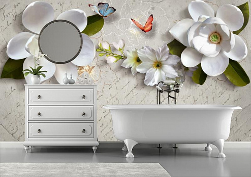 Белые цветы с бабочками в интерьере ванной