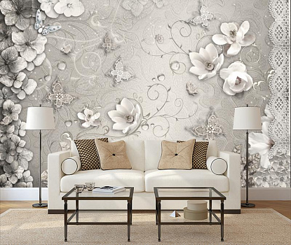 Magic flowers серебро в интерьере гостиной с диваном