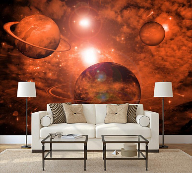 Планеты в свете солнца в интерьере гостиной с диваном