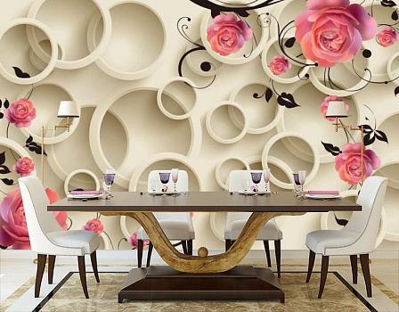 Розы на белых кругах в интерьере кухни с большим столом
