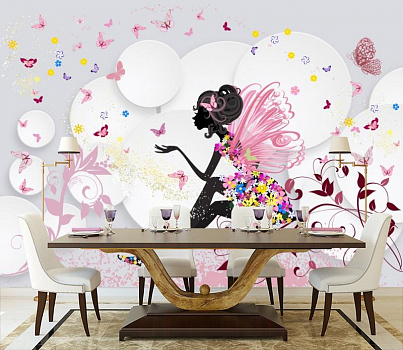 Цветочная фея в интерьере кухни с большим столом