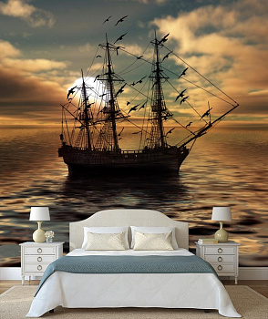 Корабль в ночном море в интерьере спальни