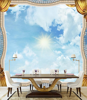 Небо с белыми облаками в интерьере кухни с большим столом