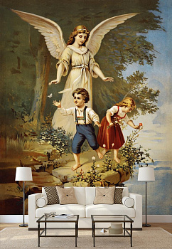 Ангел и дети в интерьере гостиной с диваном