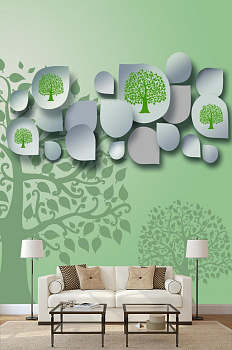 Зеленые деревья  в интерьере гостиной с диваном
