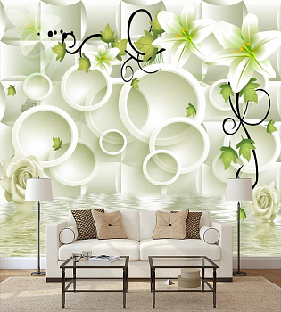 3Д круги и белые цветы в интерьере гостиной с диваном