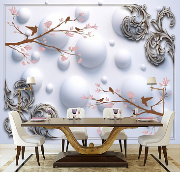 Веточки с птицами и белыми шарами  в интерьере кухни с большим столом