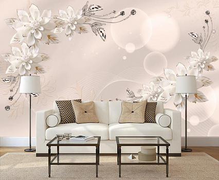 Белые цветы из фарфора в интерьере гостиной с диваном