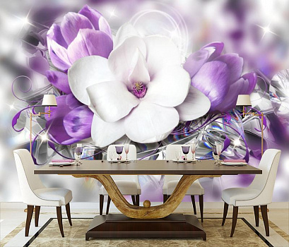 Цветы на зеркалах в интерьере кухни с большим столом