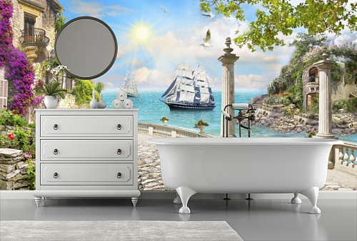 Белые парусники у берега в интерьере ванной