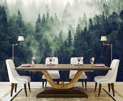 Лес в тумане в интерьере кухни с большим столом