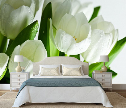 Белые тюльпаны в росе в интерьере спальни
