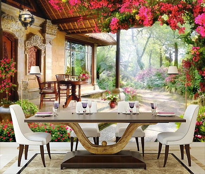 Цветущий дворик  в интерьере кухни с большим столом