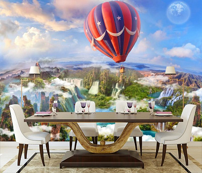 Воздушный шар над водопадами в интерьере кухни с большим столом