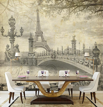 Париж на старой картинке в интерьере кухни с большим столом