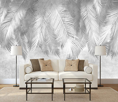 Листья Пальмы сверху ЦКР в интерьере гостиной с диваном