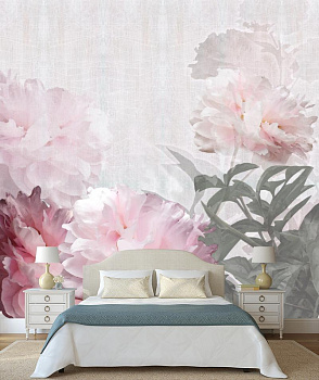 Нежные розовые пионы   в интерьере спальни