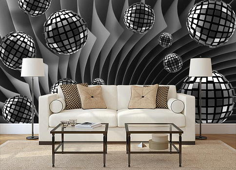 Металлические шары в интерьере гостиной с диваном