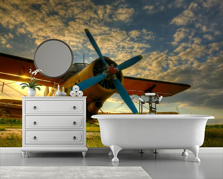 Самолет под голубым небом  в интерьере ванной