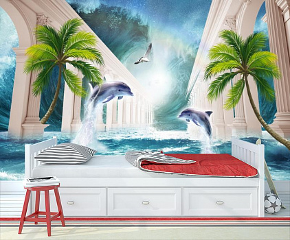 Дельфины в бушующем море в интерьере детской комнаты мальчика