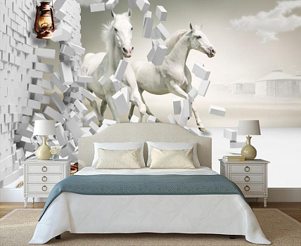 Белые лошади на фоне юрт в интерьере спальни