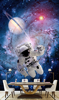 Космонавт в открытом космосе в интерьере кухни с большим столом