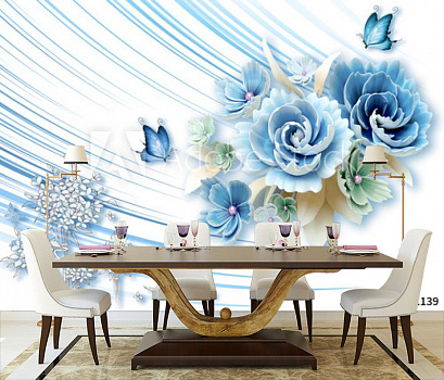 Голубые цветы с бабочками в интерьере кухни с большим столом