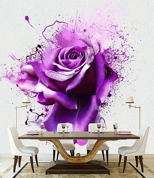 Яркая роза на белом в интерьере кухни с большим столом