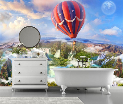 Воздушный шар над водопадами в интерьере ванной