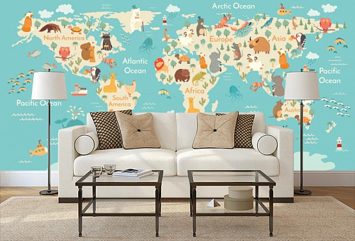 Детская карта мира в интерьере гостиной с диваном