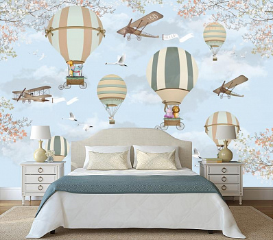Воздушные шары на голубом небе в интерьере спальни